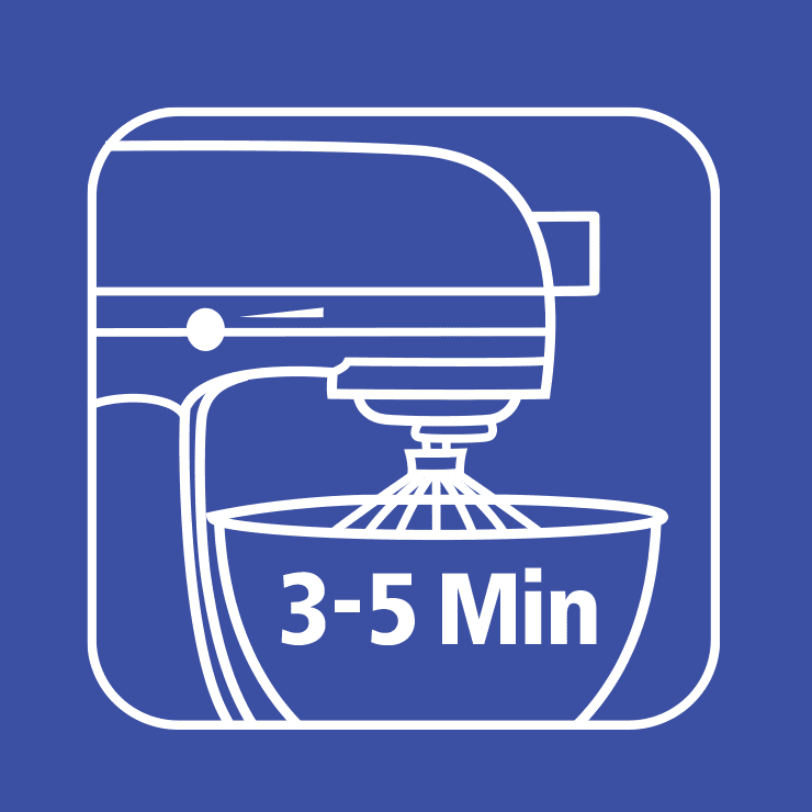 2. Mit dem Rührgerät (Mixer) ca. 3 bis 5 Min. auf höchster Stufe aufschlagen. Grössere Mengen (ab 5 l) ca. 10 Minuten aufschlagen und nach Wunsch noch Gelatine beifügen.