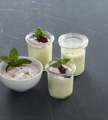 Zitronen-Minze-Flan mit Preiselbeer-Joghurt